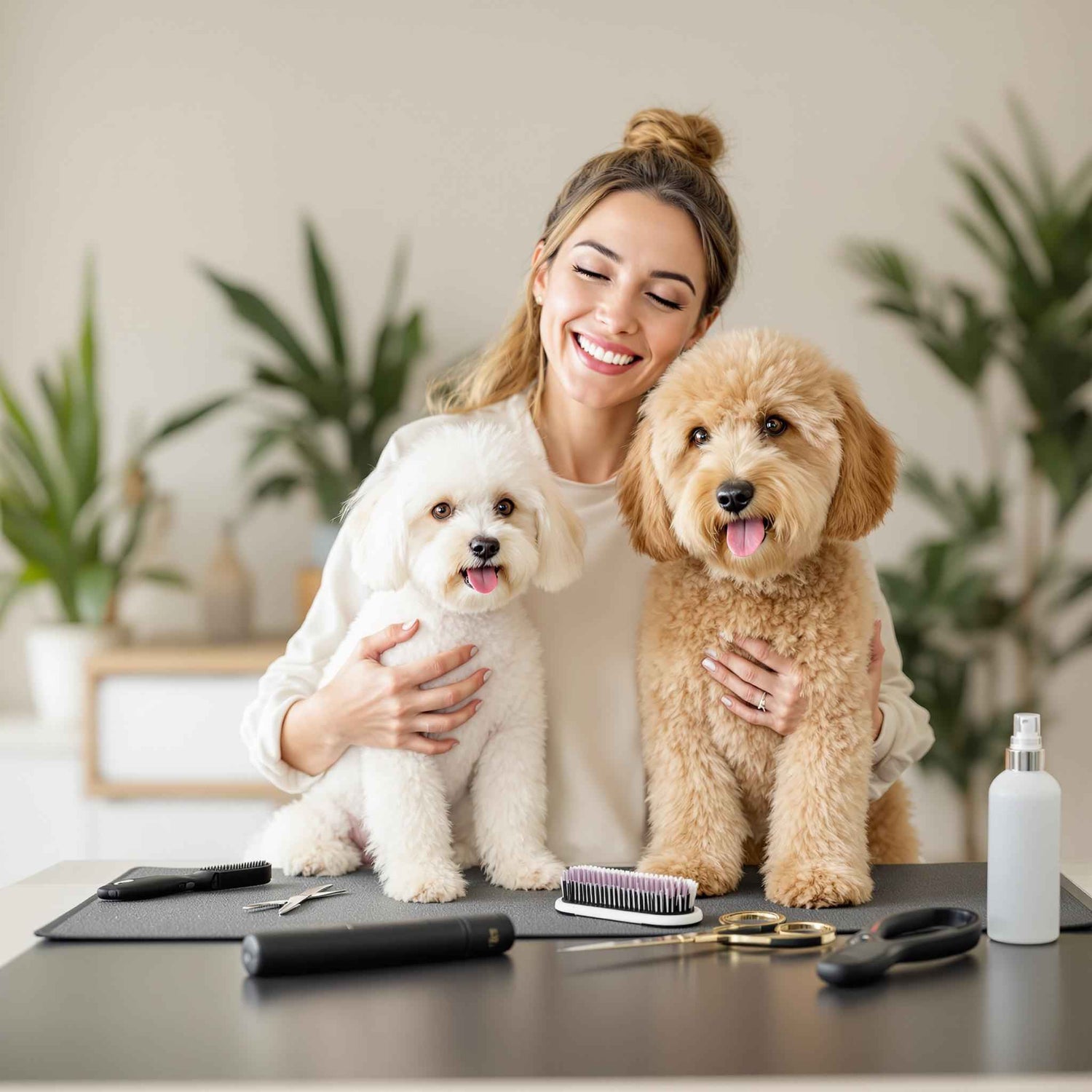Woman grooming two small dogs, a white Maltese and a curly-coated Doodle, using professional dog grooming tools on a table — home pet grooming kit, stress-free coat care, and salon-quality results.