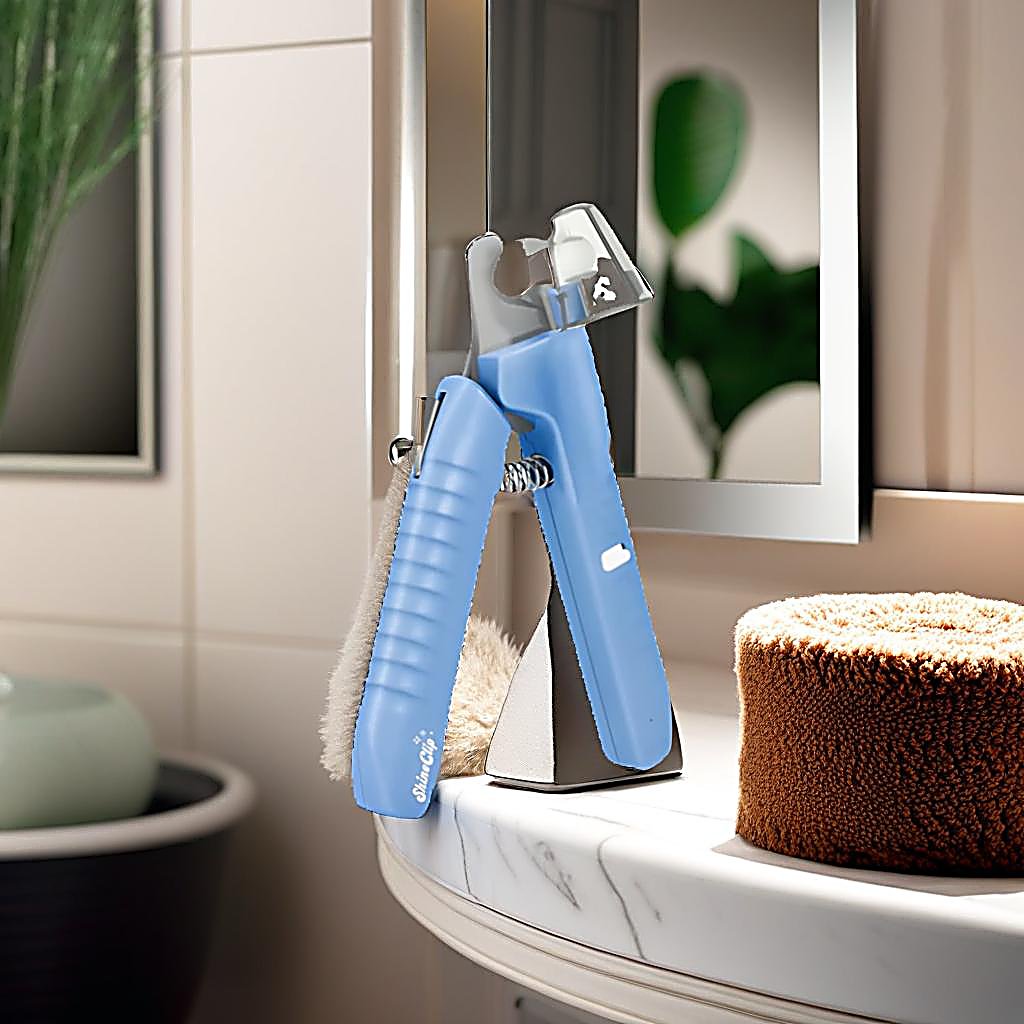 Blue dog nail clipper with LED light displayed on a bathroom counter next to grooming accessories
