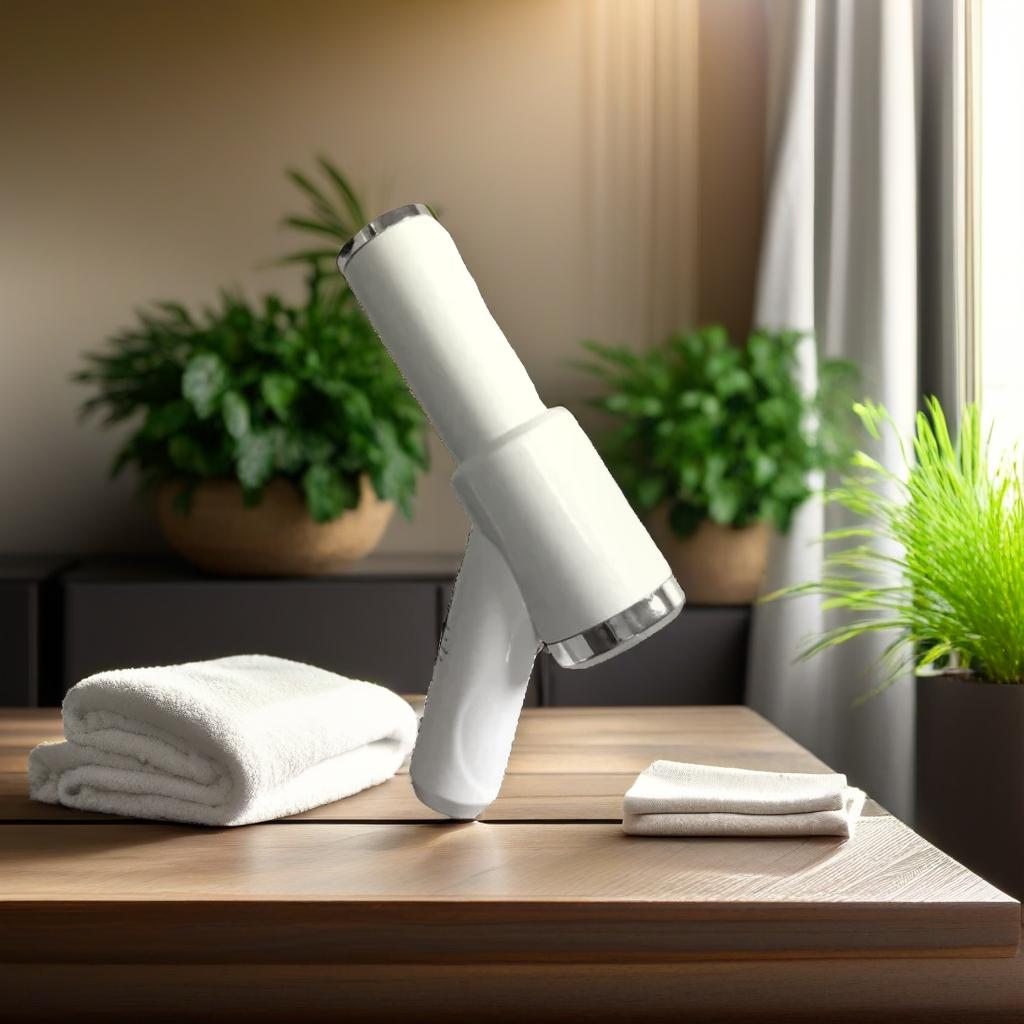 3-in-1 white dog grooming dryer with slicker brush placed on wood counter beside white towels in cozy home interior