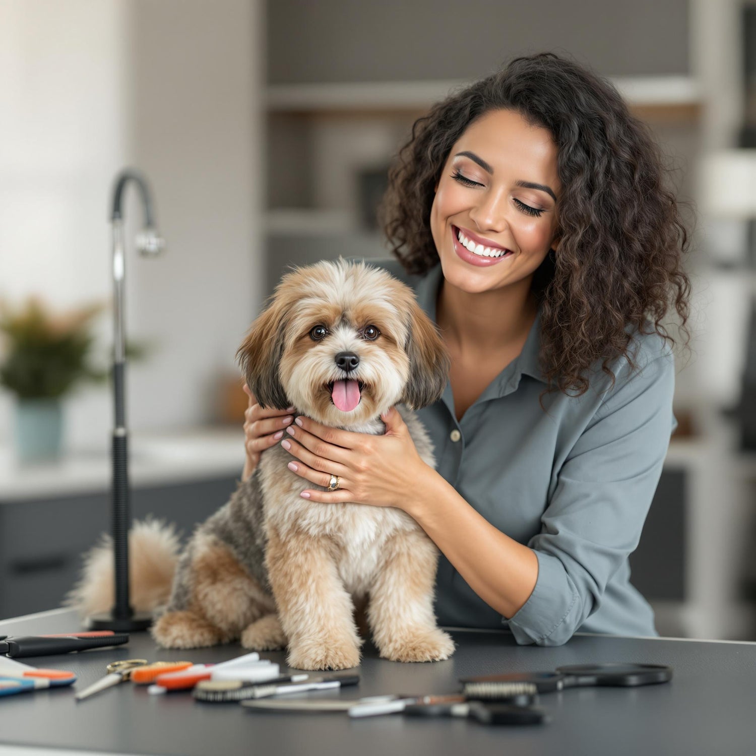 Smiling dog groomer with professional grooming tools and a happy small dog on grooming table — Groomté expert-quality dog grooming for pet parents and pros.