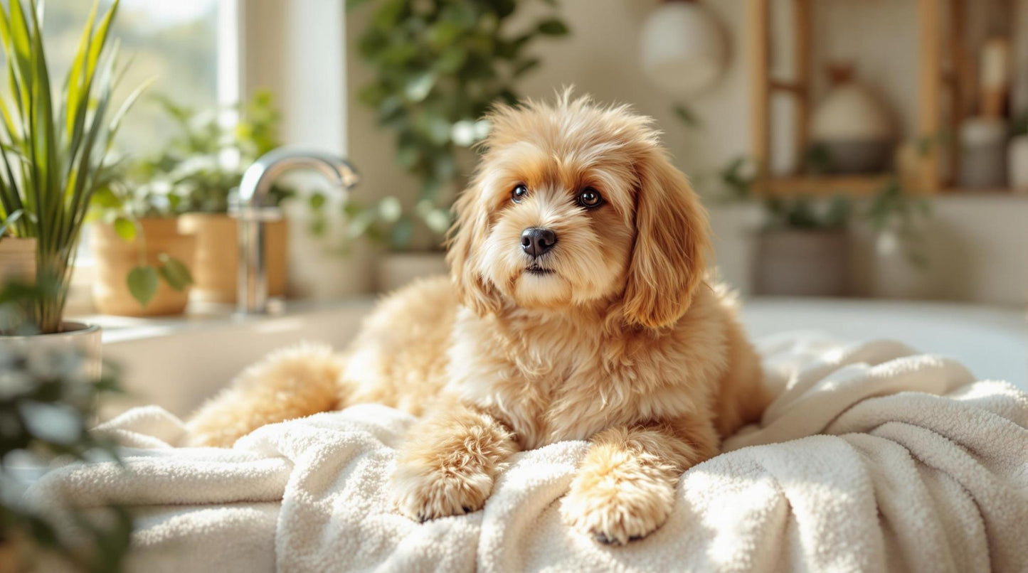 Happy fluffy dog resting on white towel in a sunlit bathroom after grooming session