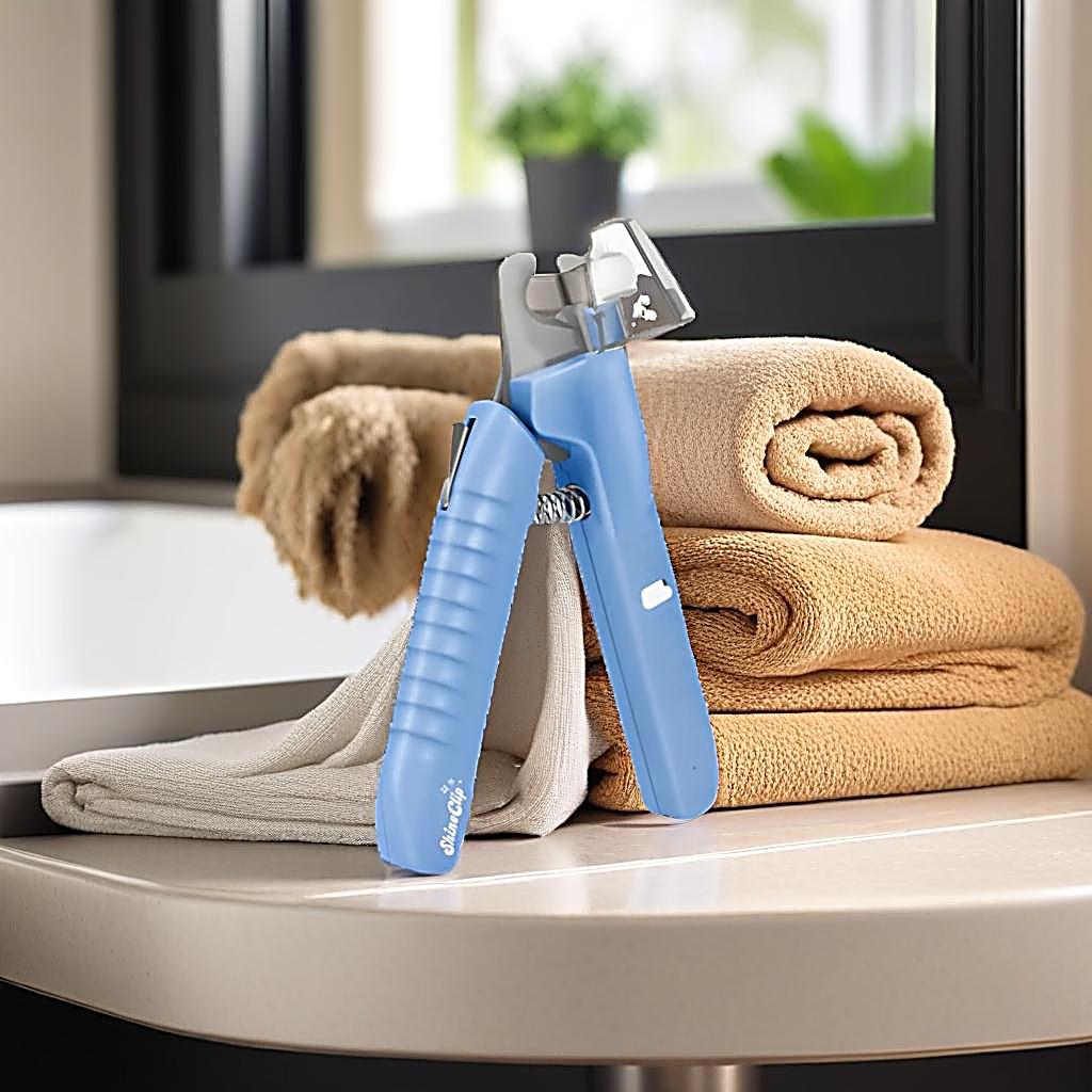 Blue LED dog nail clipper resting on rolled grooming towels in a modern bathroom setting