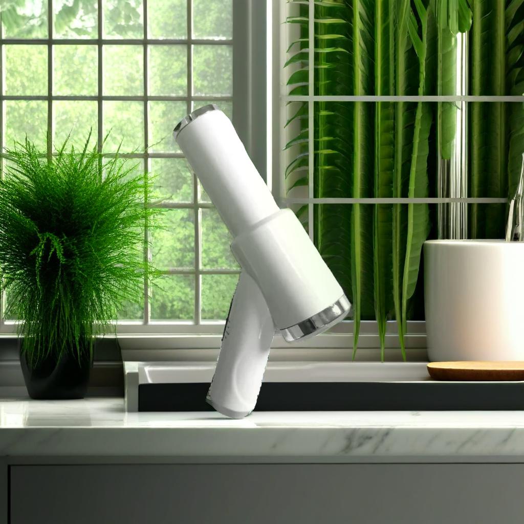 3-in-1 white dog grooming hair dryer placed on marble sink with natural light and indoor greenery