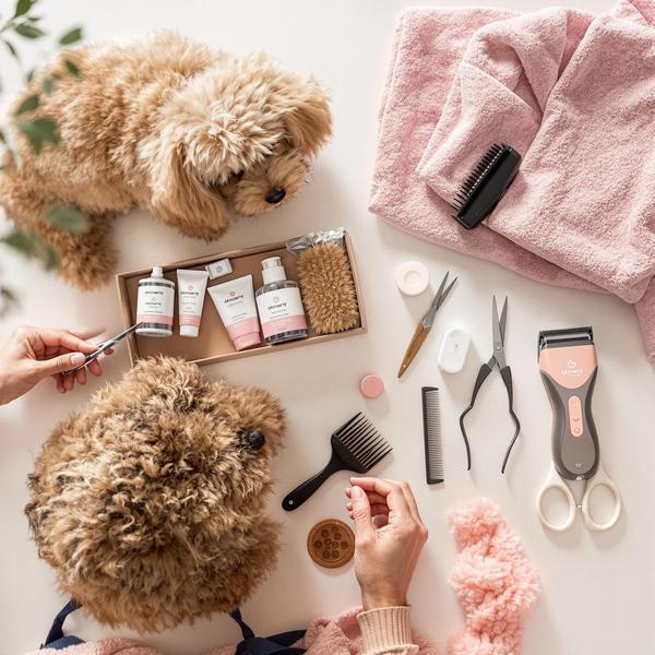 Complete dog grooming kit with clippers, scissors, deshedding brush, nail care tools, and shampoo products for curly coat dogs – Groomté premium home grooming set.