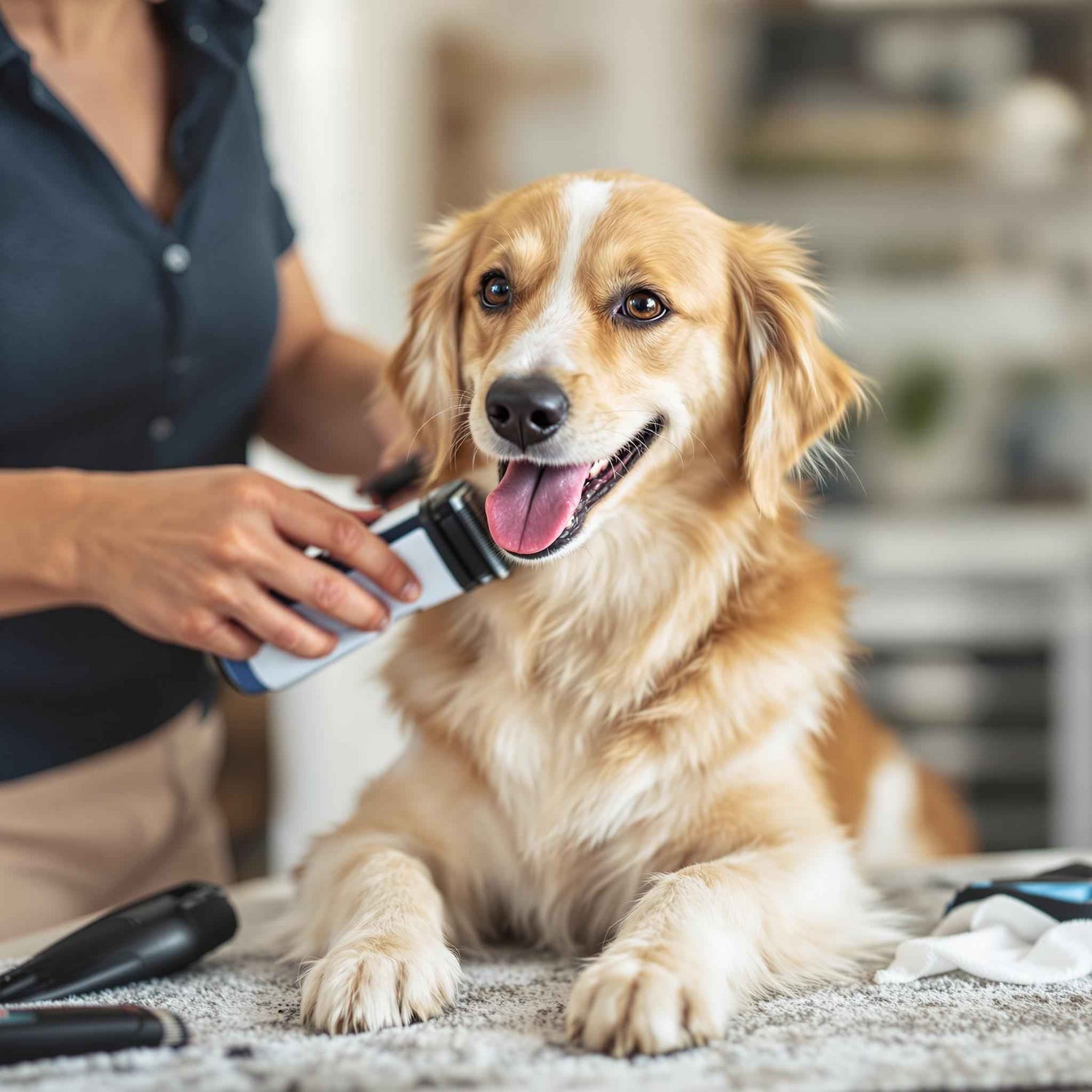 Dog owner safely grooming pet at home using professional grooming tools, avoiding common grooming mistakes
