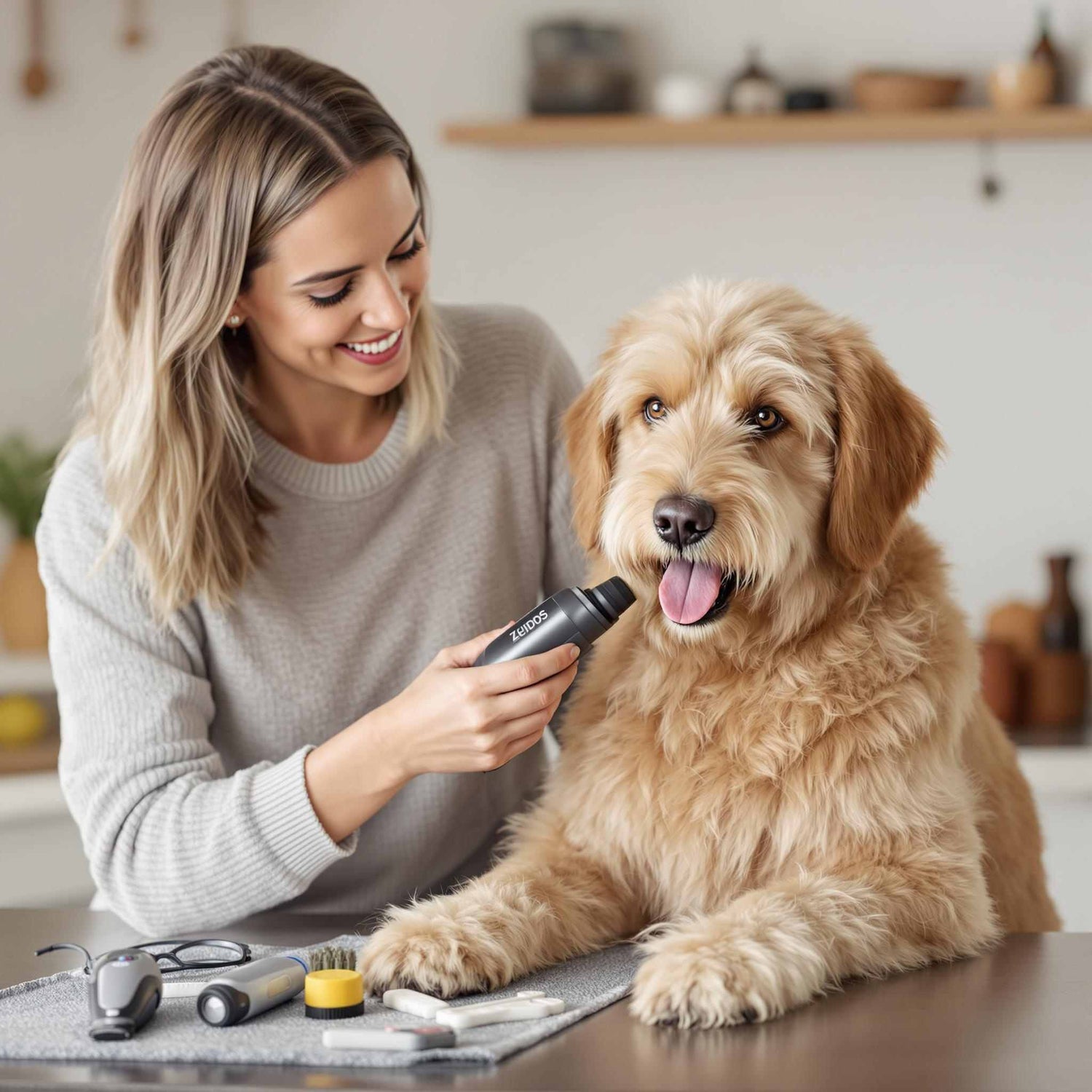 Pet owner using nail grinder on dog at home for stress-free grooming