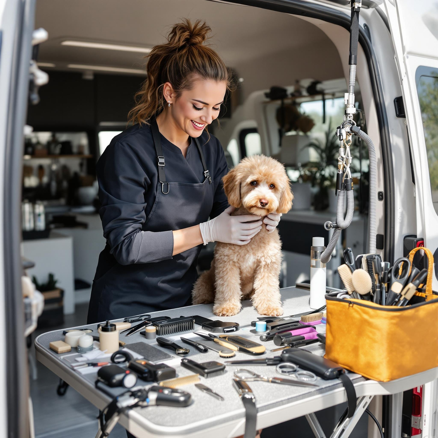 Mobile dog grooming kit with professional grooming shears, brushes, clippers, and tools displayed on grooming table in mobile grooming van with groomer styling small curly-coated doodle dog.