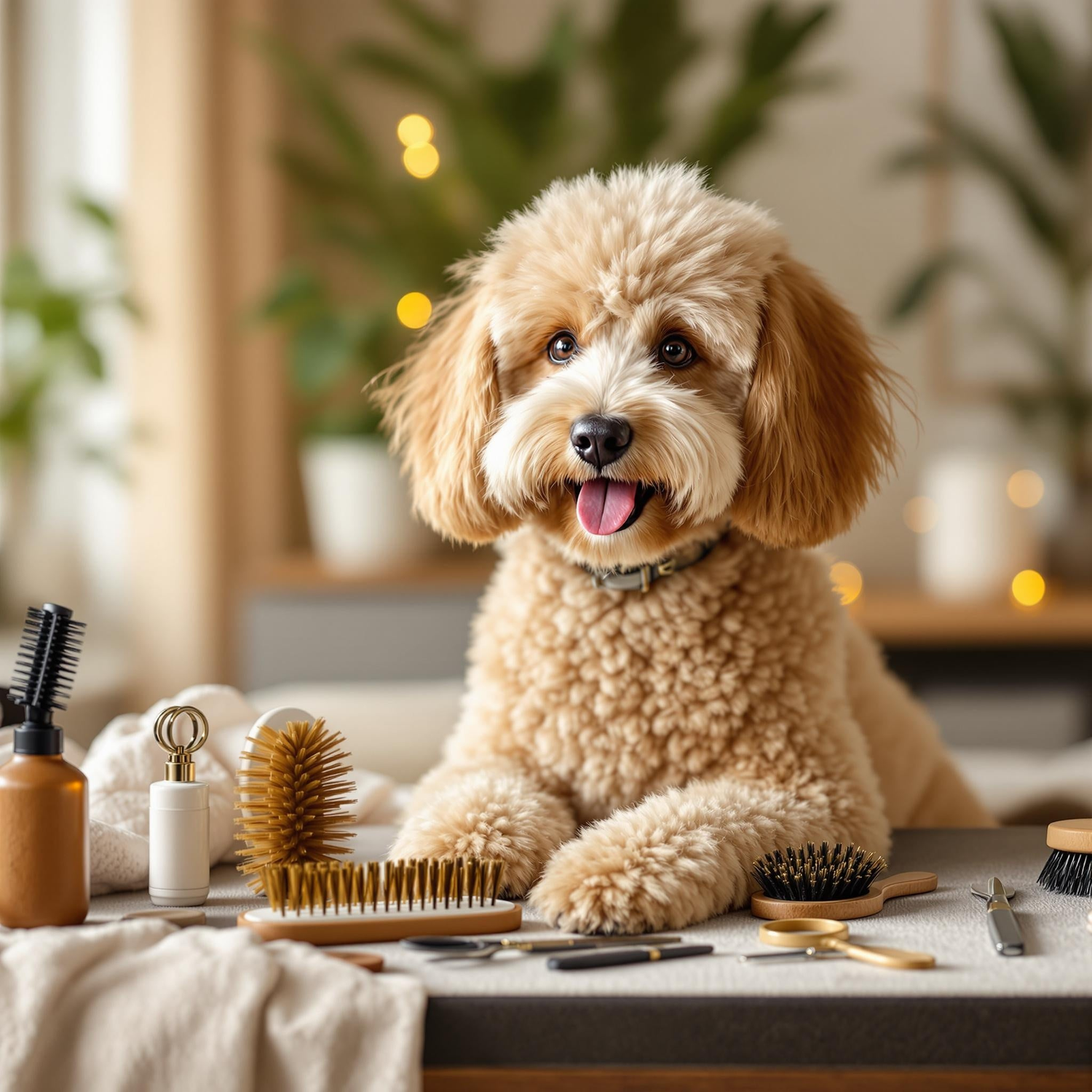 Curly coated doodle dog with professional grooming tools kit for Poodles, Doodles, and curly coat breeds. At-home dog grooming kit by Groomté for tangle-free brushing and coat care.
