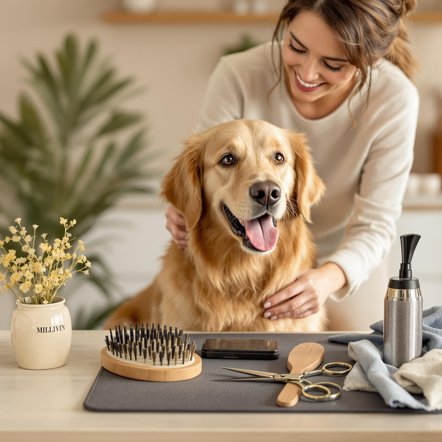 Woman grooming golden retriever at home using professional dog grooming starter kit with brushes, scissors, and tools on table