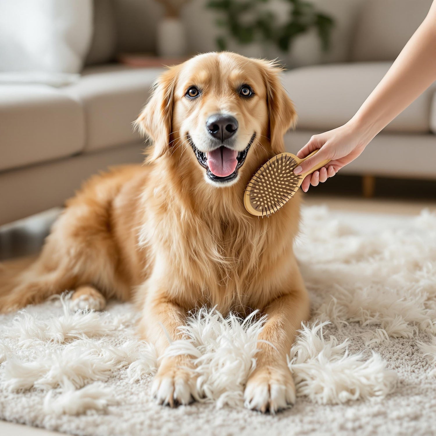 Golden Retriever being brushed with deshedding tool on carpet – Dog Deshedding & Undercoat Grooming Kit by Groomté