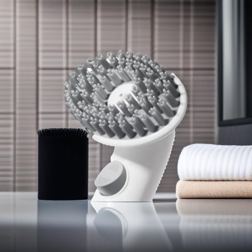 2-in-1 dog bath brush with shampoo dispenser for easy at-home grooming on bathroom counter