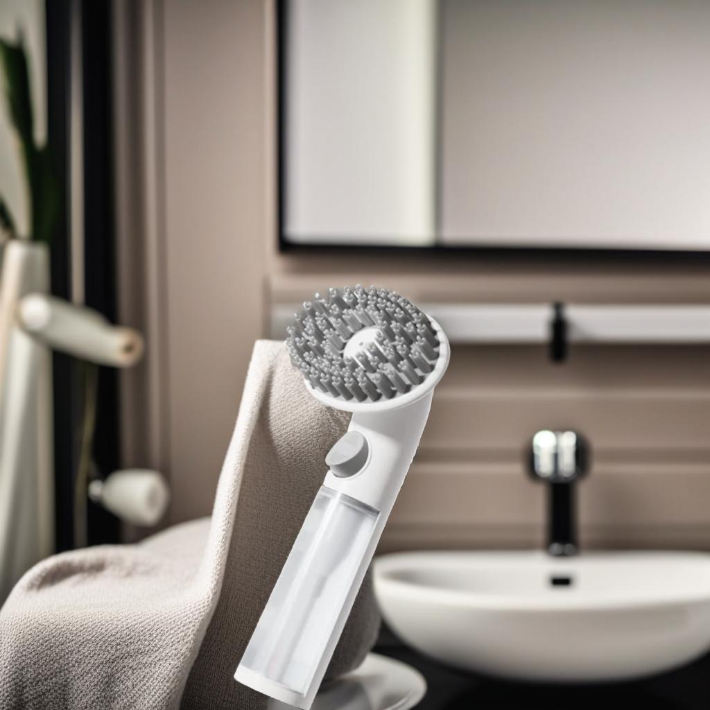 2-in-1 dog bath brush with shampoo dispenser for home grooming, soft silicone bristles next to clean towel in bathroom