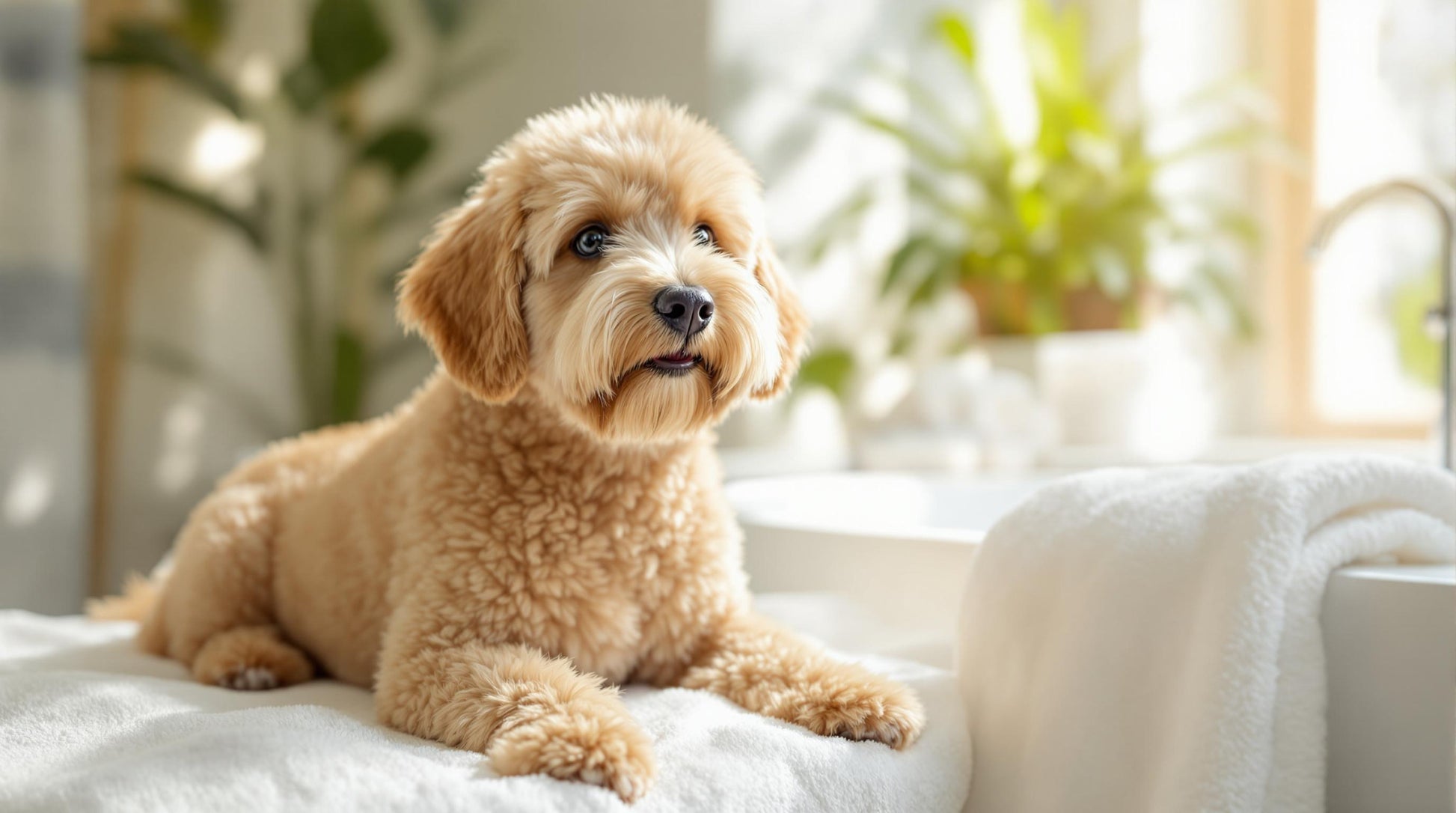 Clean, fluffy dog after bath laying on soft white towel in bright grooming bathroom
