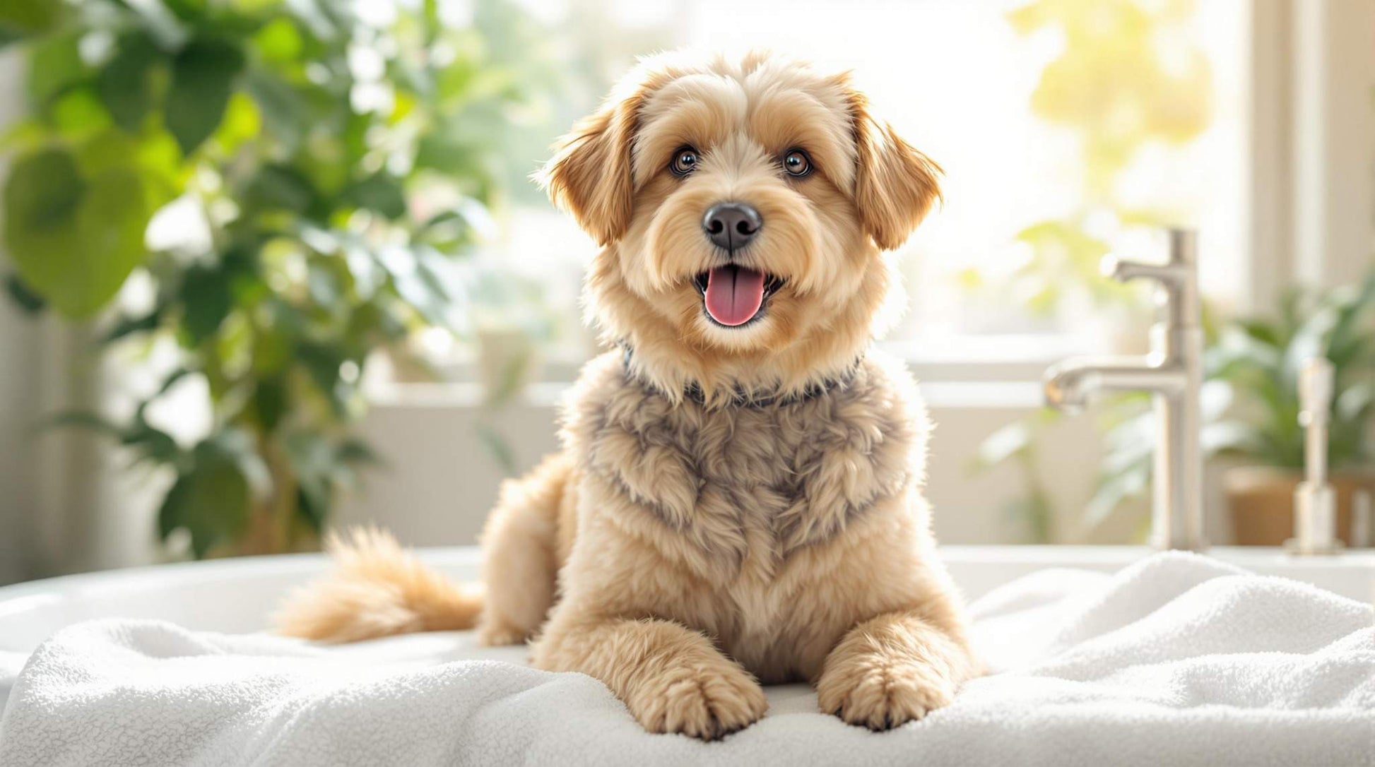 Happy fluffy dog resting on white towel in a sunlit bathroom after grooming session