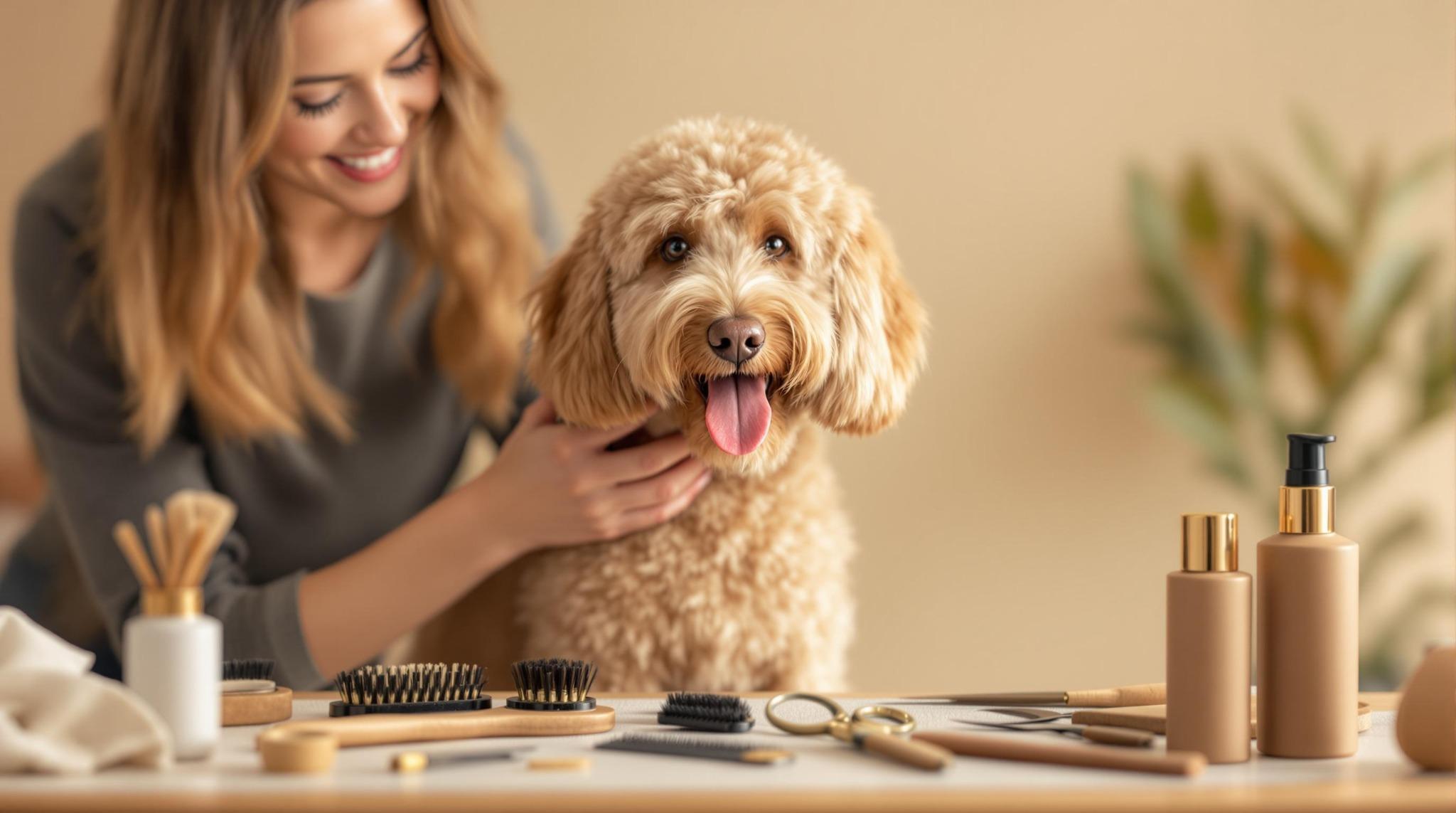 woman grooming doodle with at-home dog grooming kit and professional grooming tools for every coat type