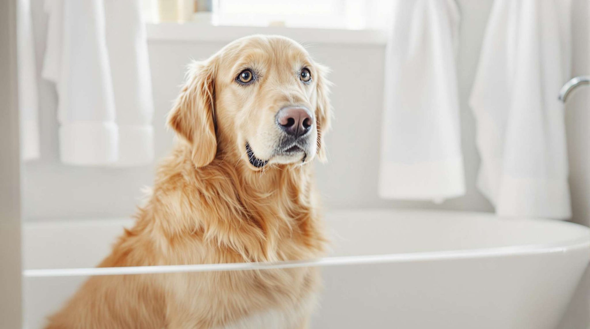 Golden Retriever after bath with Groomte dog grooming brush, showing clean and happy result