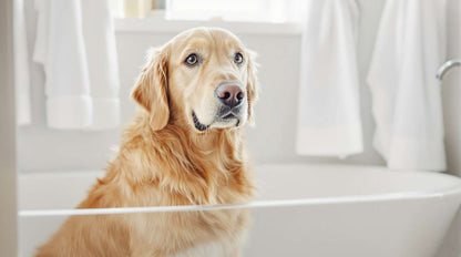 Golden Retriever after bath with Groomte dog grooming brush, showing clean and happy result