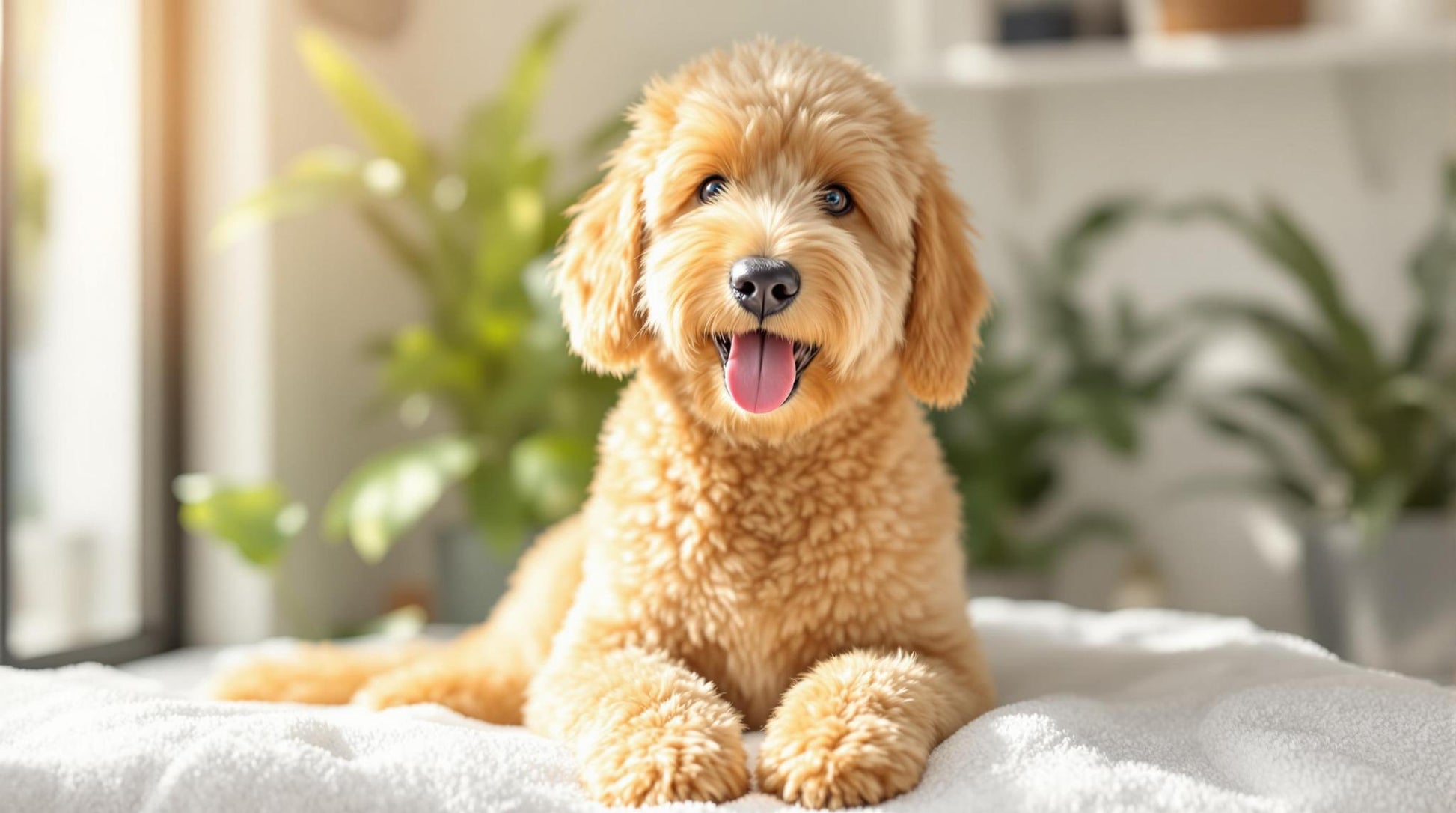  Happy golden doodle dog relaxing on a clean white towel after grooming in a bright, cozy bathroom