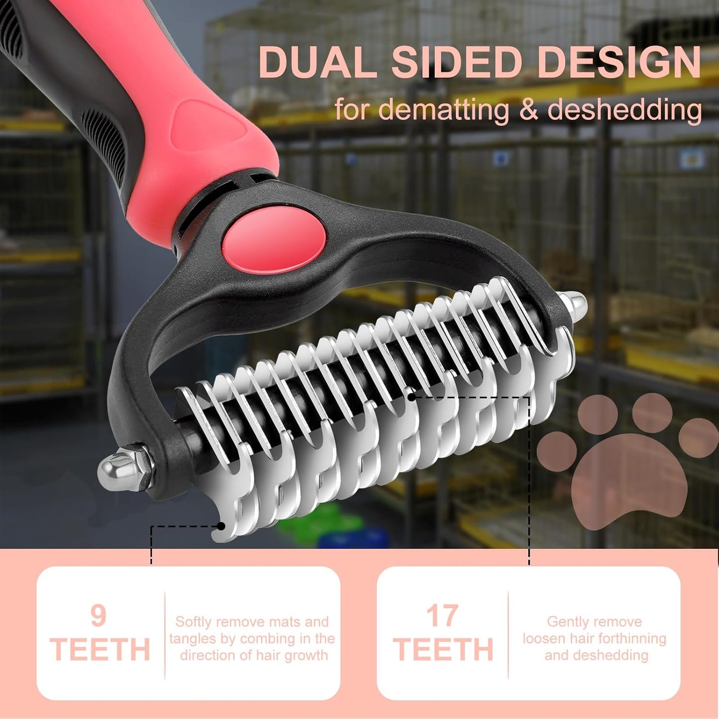 Double-Sided Pet Deshedding & Dematting Brush – Pink